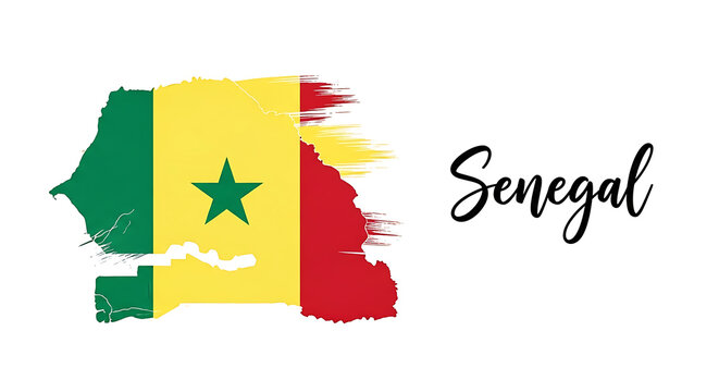 Map of senegal with the national flag colors and a star emblem.
