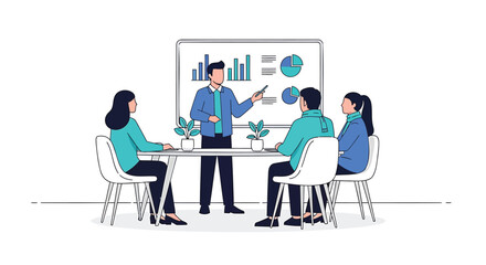 Fototapeta premium Business meeting with four people discussing graphs and charts in a conference room.