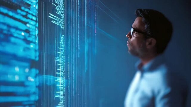 Medium shot of a tech expert using AIpowered software to decode layered title information surrounded by digital code and data streams.