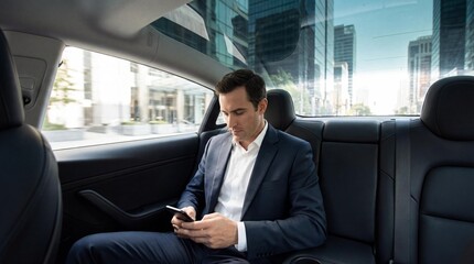 Businessman checking phone while riding as passenger in a modern car