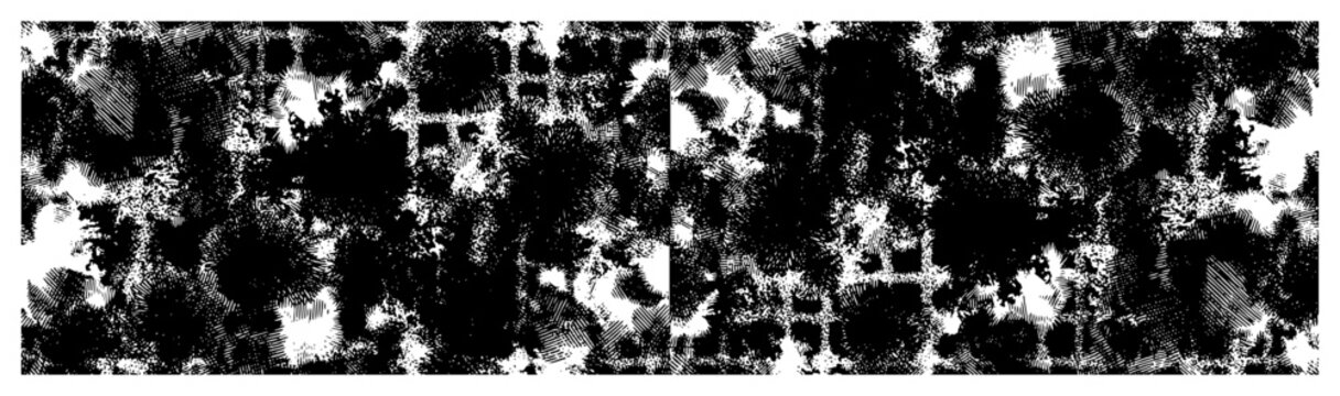 Abstract horizontal banner with dense ink splatter patterns and grainy forest texture
