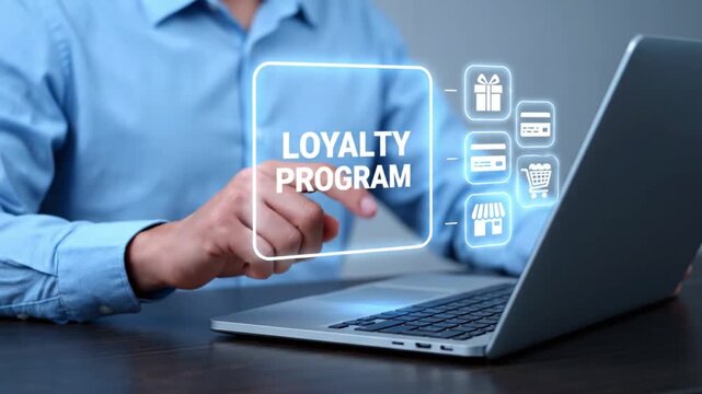 Loyalty program concept: person interacting with laptop, virtual rewards and icons