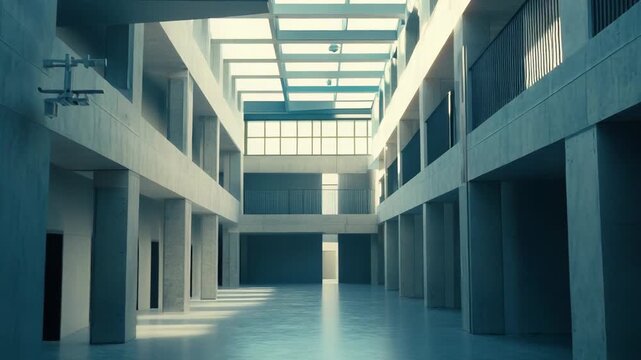 Empty interior atrium showcasing modern minimalist concrete architecture, featuring strong lines, natural light filtering through a skylight, and striking shadows on the polished floor