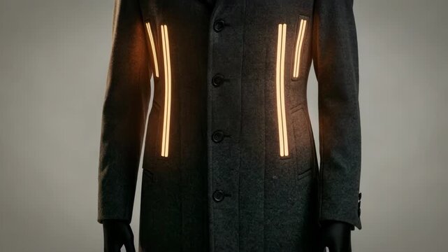 Medium shot of a stylish overcoat lined with thin heating panels softly glowing beneath the fabric highlighting innovative embedded warmth technology.