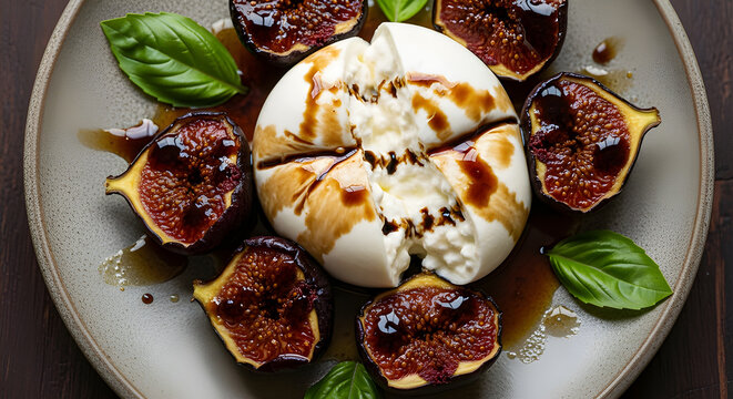 Burrata with roasted figs and glossy balsamic glaze, refined indoor scene