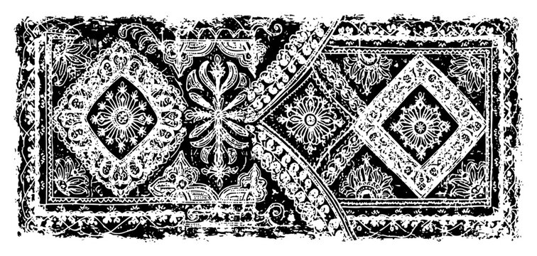 Ornate bohemian rug pattern with intricate mandala ornaments and decorative borders in white ink style