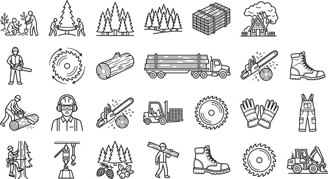 Large forestry icon set featuring lumberjack tools like chainsaws circular saws logs and wood processing symbols for timber industry and woodworking