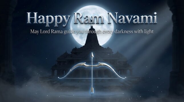 Ram navami celebration with bow and arrow under full moonlight temple silhouette