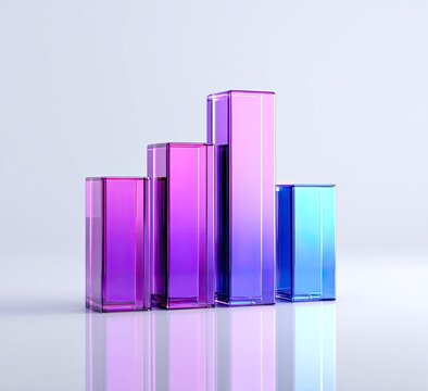 Translucent bars ascend in a gradient of purple to blue on reflective surface