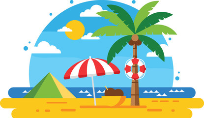 Obraz premium Flat vector tropical beach illustration with palm tree coconut drink red beach umbrella and lifebuoy on sunny ocean shore isolated on white background