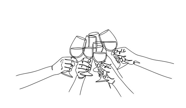 Champagne cheers continuous line art five hands toasting vector