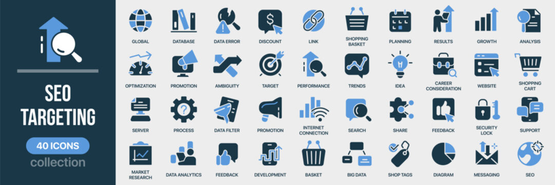 Seo and targeting fill icon collection. Includes search, analytics, promotion, marketing, data and optimization symbols. Created in colored style with blue palette