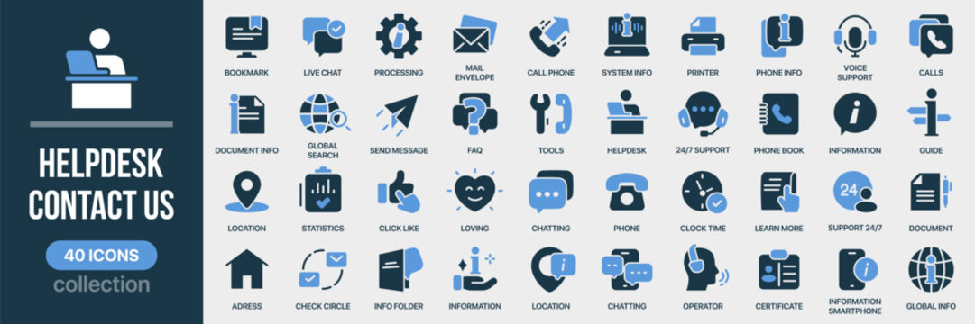 Helpdesk and contact us fill icon collection. Includes support, communication, phone, chat, service and assistance symbols. Created in colored style with blue palette