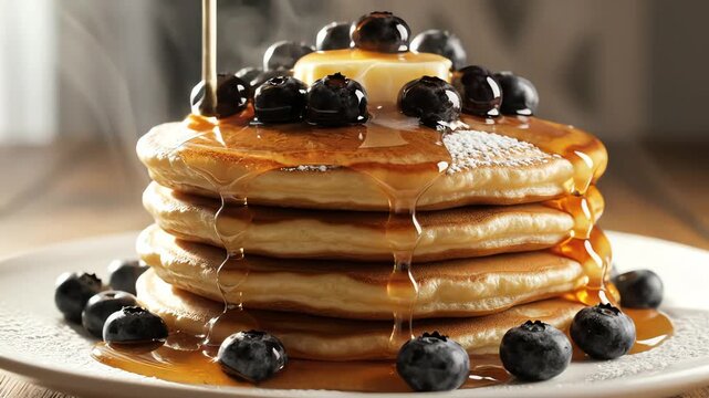 Stack of golden pancakes with blueberries and syrup on white plate