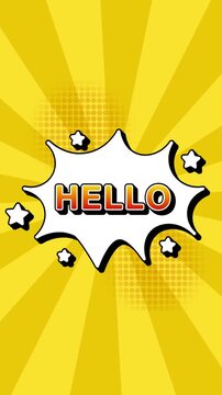 Hello text word cartoon comic popup reveal with bomb and smoke bubbles explosion manga anime book page dots  radial speed line doodle yellow background seamless loop vertical animation retro signs bg
