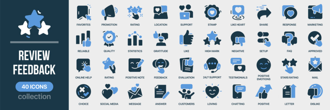 Review and feedback fill icon collection. Includes rating, testimonials, approval, like, customer and evaluation symbols. Created in colored style with blue palette