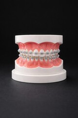 Realistic dental model with metal orthodontic braces on white plastic jaw stand against black background. Detailed teeth alignment system with brackets and archwir