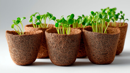 Young green seedlings growing in biodegradable peat pots isolated on light background