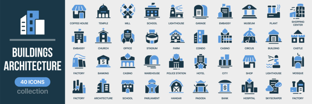 Buildings and architecture fill icon collection. Includes city, office, school, factory, museum and urban infrastructure symbols. Created in colored style with blue palette