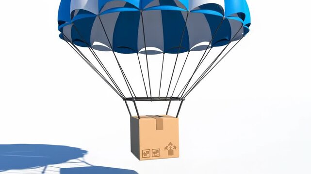 A blue and white parachute delivering a cardboard box in mid air with a shadow on a pure white background