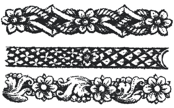 Vintage border vectors. Engraved baroque ornament frieze with floral strapwork and knots. Decorative dividers for certificate and frame