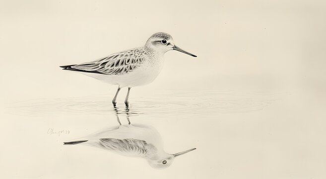 Sandpiper wading bird minimalist background realistic pencil art picture