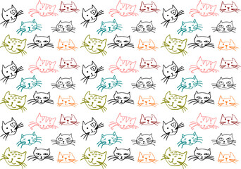 Fototapeta premium Original hand-drawn seamless pattern with colorful cat doodles. Minimalist kitten faces vector background for textile and wallpaper
