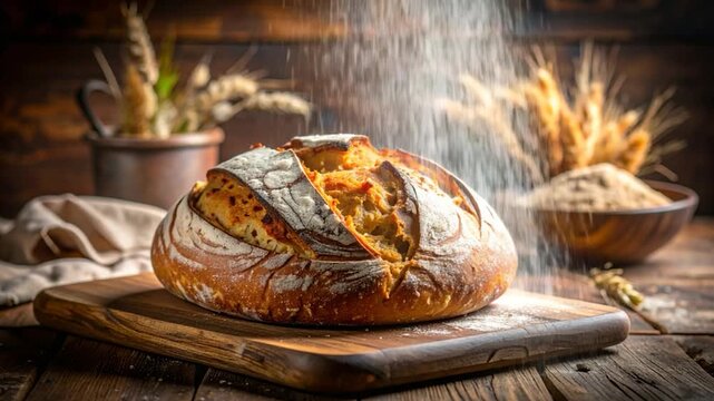 Rustic loaf of bread on wood board with flour shower and wheat elements