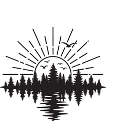 Serene Forest Sunset with Birds Flying Over Reflecting Water