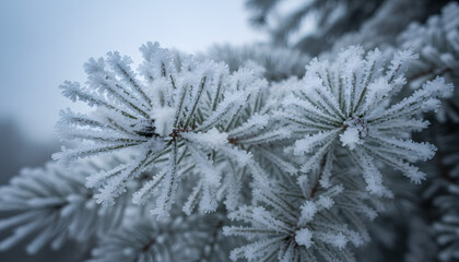 Stunning macro shot of pine tree needles covered in sharp hoarfrost; beautiful winter nature background.