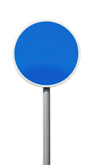Blue circular road sign on a metal pole isolated on transparent background