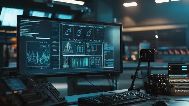 Modern command center workstation displaying real time data analytics and cyber security graphs, emphasizing the advanced technology and big data processing in operation