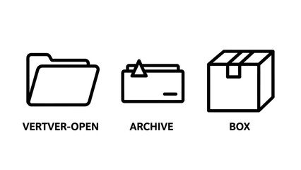 Minimalist Black and White Office Icon Set Featuring an Open Folder, Archive File, and Cardboard Shipping Box