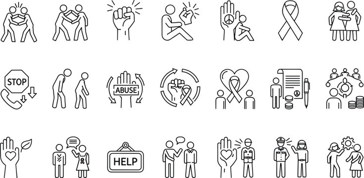 Social justice icon set featuring human rights advocacy abuse prevention stop violence symbols and community support icons for non-profit organizations