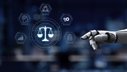 A robotic hand points at digital representations of scales of justice and technology icons,...