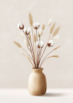 Dried cotton branches in beige vase on neutral background