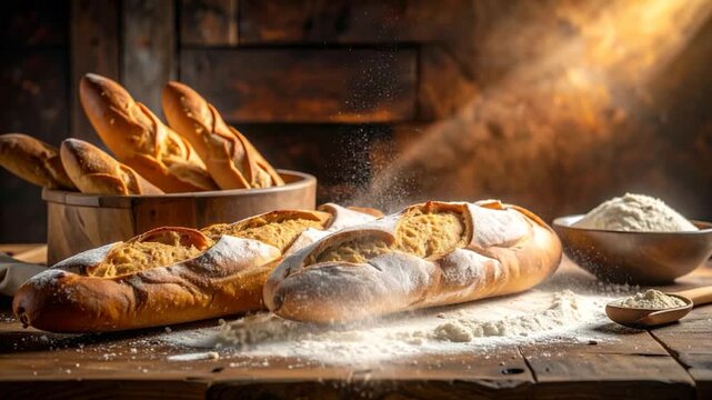 Golden-brown baguettes with flour dusting on a rustic wood surface