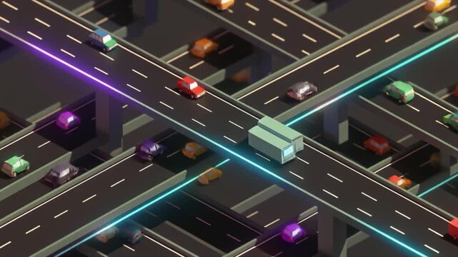 Isometric 3D Rendering of a Complex Highway Interchange with Colorful Neon Light Trails and Miniature Vehicles