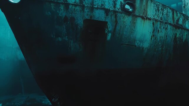 Sunken rusted vessel tilting on the seabed, corroded portside hull half buried in deep blue turquoise water, evoking eerie abandonment and underwater mystery