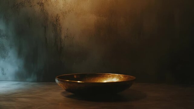 Rustic empty metal bowl sitting on a rough surface, dimly lit from above, creating deep shadows and highlighting the textured, aged appearance of the material