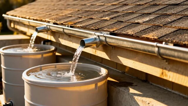 Medium shot of a rooftop rainwater harvesting system collecting water with a storage tank in a residential area on a cloudy day.