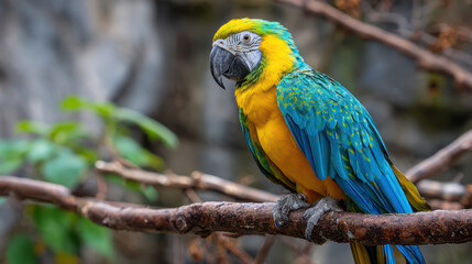 exotic colorful parrot perched on a tropical branch in blurred rainforest