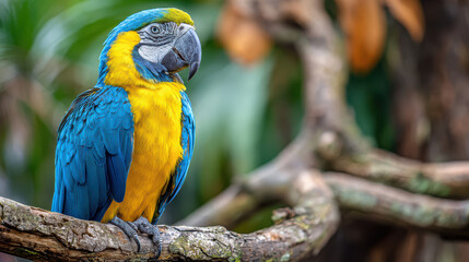 exotic colorful parrot on tropical branch in a blurred rainforest