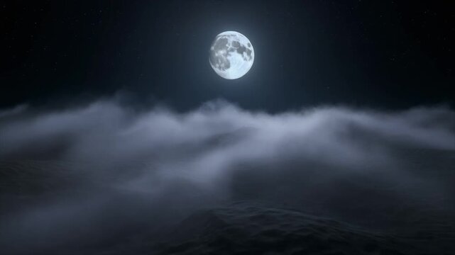 Full Moon Dominating a Dark Night Sky Over a Misty, Wavy Landscape with Scattered Stars image photo