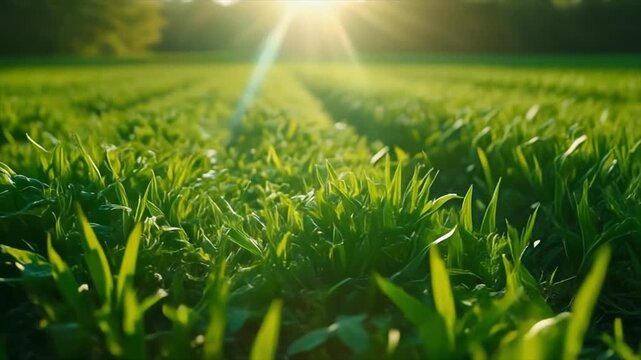 Lush Green Field with Golden Sunlight Rays Shining Through the Trees in the Background agriculture grass