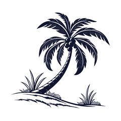 Obraz premium Single bent palm tree illustration with beach grass on sandy shore in tropical silhouette style