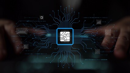 Obraz premium AI Assistant Brain Processor with LLM Technology, Big Data, Machine Learning, Generative AI for Business Support, Future Agentic AI Technology and Artificial Intelligence Prompt Engineering. Muxer