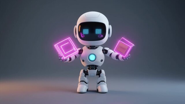 Cute white cartoon robot holding glowing pink and blue cubes with digital displays character android