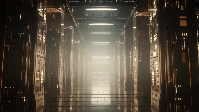 Shiny metallic surfaces and glowing light lines compose a futuristic long hallway, creating an atmosphere of advanced technology, digital connectivity, and modern data infrastructure