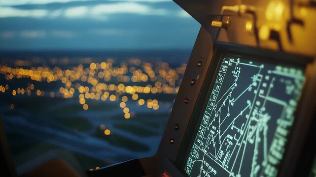 Cockpit avionics screen displaying navigation data during a night flight, with blurred city lights illuminating the landscape below, symbolizing technology, journey, and precision